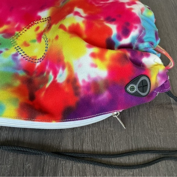 Tie Dye Heart Rhinestone Tote Bag Backpack -Earphone Insert and Side Pocket - Picture 3 of 6